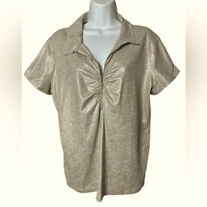 Chico's Golf Gold Foil Short Sleeve Top Shirt Ruched Half Zip Sz XXL Sporty Ball